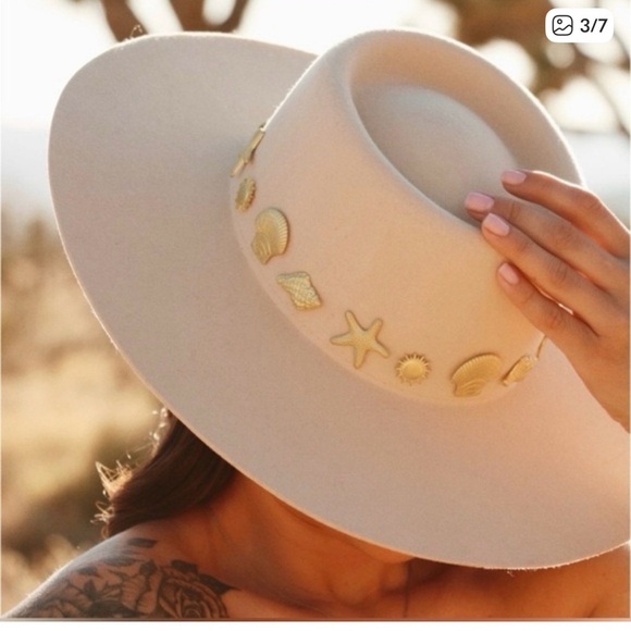 Lack of Color Seaside Boater L Hat Beige Wide-Brim Felt with Gold Shells - Picture 5 of 5